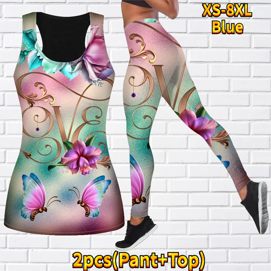 Women\'s 3D Colorful Flower Print Yoga Tank Top Set Fashion Sports Sleeveless Tank Top Pants Set Two Piece Set XS-8XL