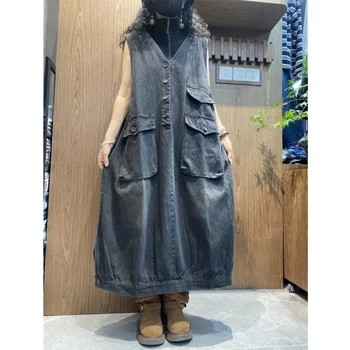 Distressed V-neck Denim Dress Women 2026 Summer New Style Plus Size Workwear Button Design Sleeveless Dress XY321