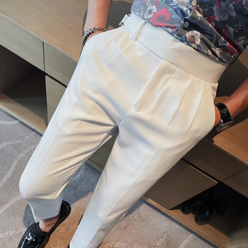 2023 Summer High Waisted Suit Pants Men Slim Fit Business Casual Dress Pants Ankle Length Office Social Trousers Men Clothing