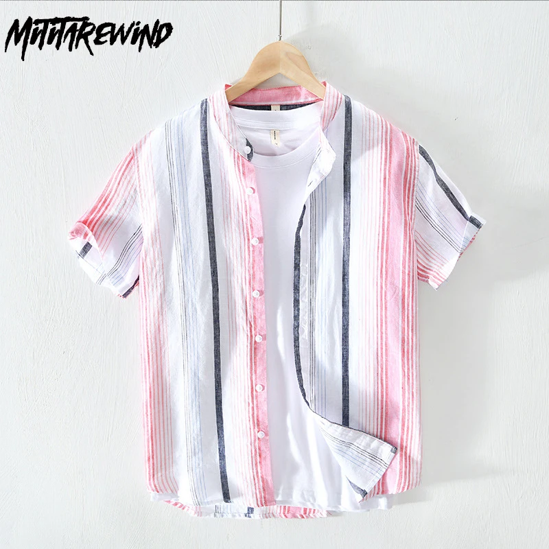 

New Summer Striped Shirt Men Outdoor Causal Shirts 100% Linen Breathable Stand Collar Short Sleeve Shirt Korean Fashion Men Tops
