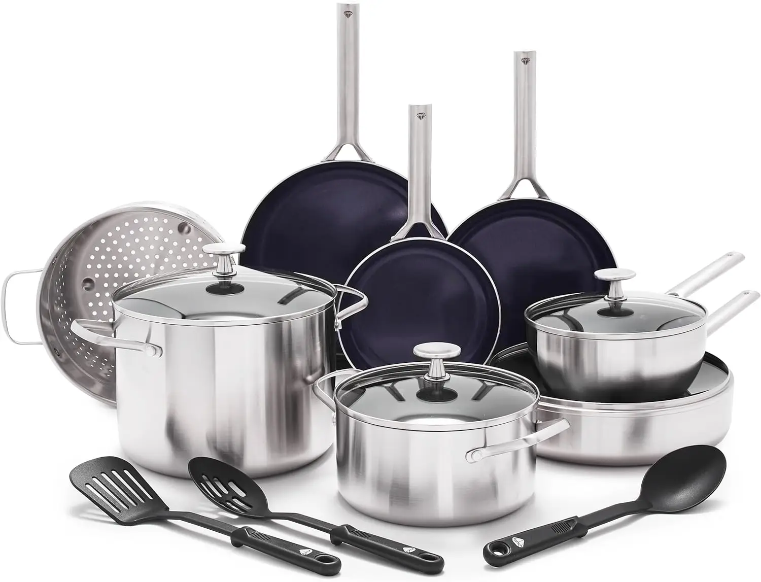 

Blue Diamond Cookware Tri-Ply Stainless Steel Ceramic Nonstick, 15 Piece Cookware Pots and Pans Set, PFAS-Free, Multi Clad, Indu