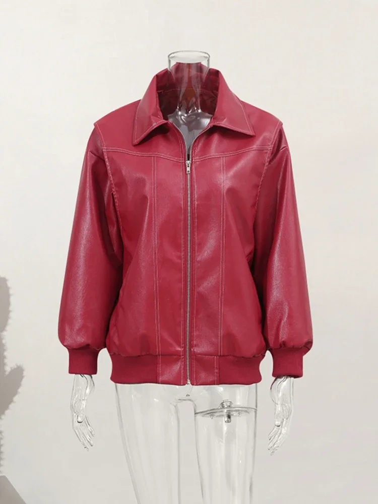Women Wine Red Patchwork Zipper Leather Rider Coat Casual Long