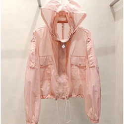 2024 Women Summer Hooded Beach UV Jacket Female Long Sleeve Sun Protection Clothing Ladies Pink Sunscreen Casual Top