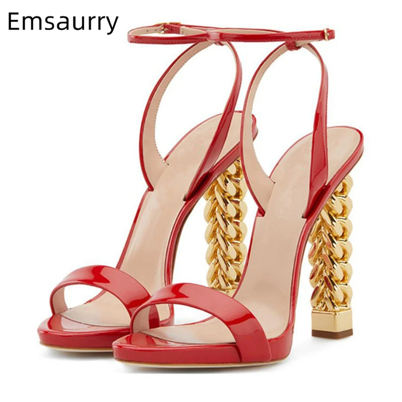 

Individual Twist Strange Heel Sandals Women Luxury Patent Leather One Strap Concise Style Modern Summer Shoes