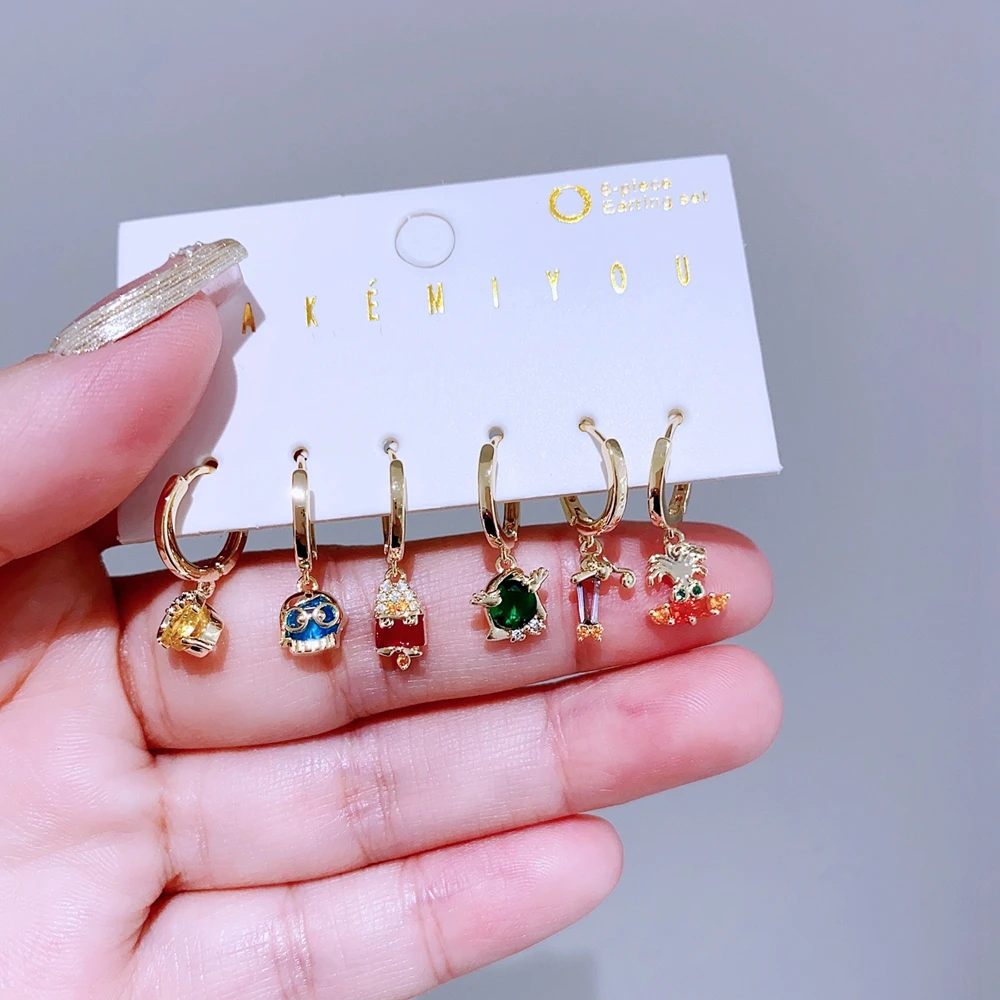 6pcs/set Multi Color Zircon Emotions Hanging Earrings for Women Gold Plated Huggie Hoop Earrings Jewelry 5