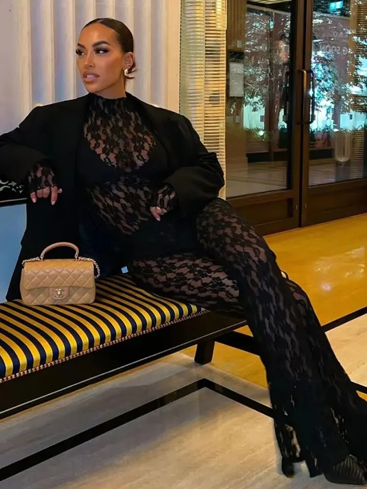 HH Womens Lace Pants Sets Slim Jumpsuits Top + High Waist Trousers Sexy Lady Floral Lace Translucent Y2k Bodysuit Suits