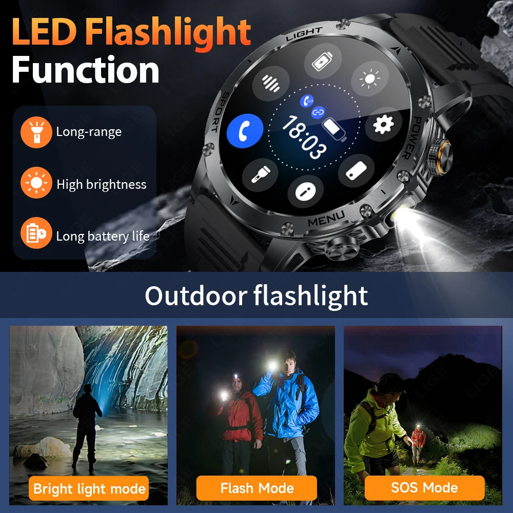 LIGE For T-Rex 3 Ultra New Military 1000mAh Battery Smart Watch IP68 Waterproof Flashlight Heart Rate Sports Tracker Smartwatch