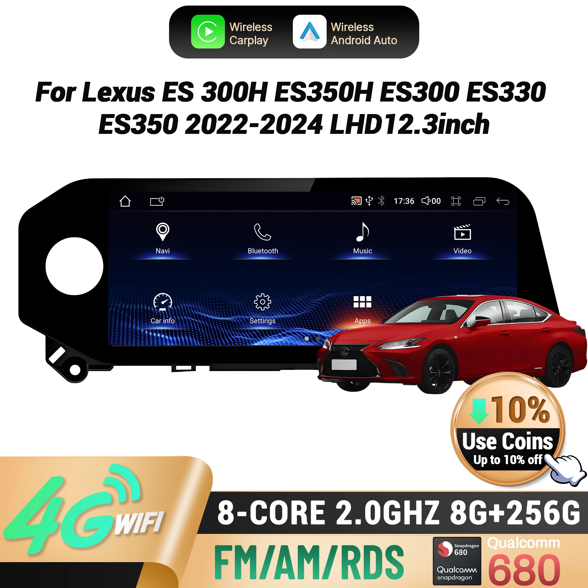 12,3 "LHD para Lexus ES 300H ES350H ES300 ES330 ES350 2022-2024 Radio de coche inalámbrico CarPlay Multimedia pantalla Snapdragon 680 1