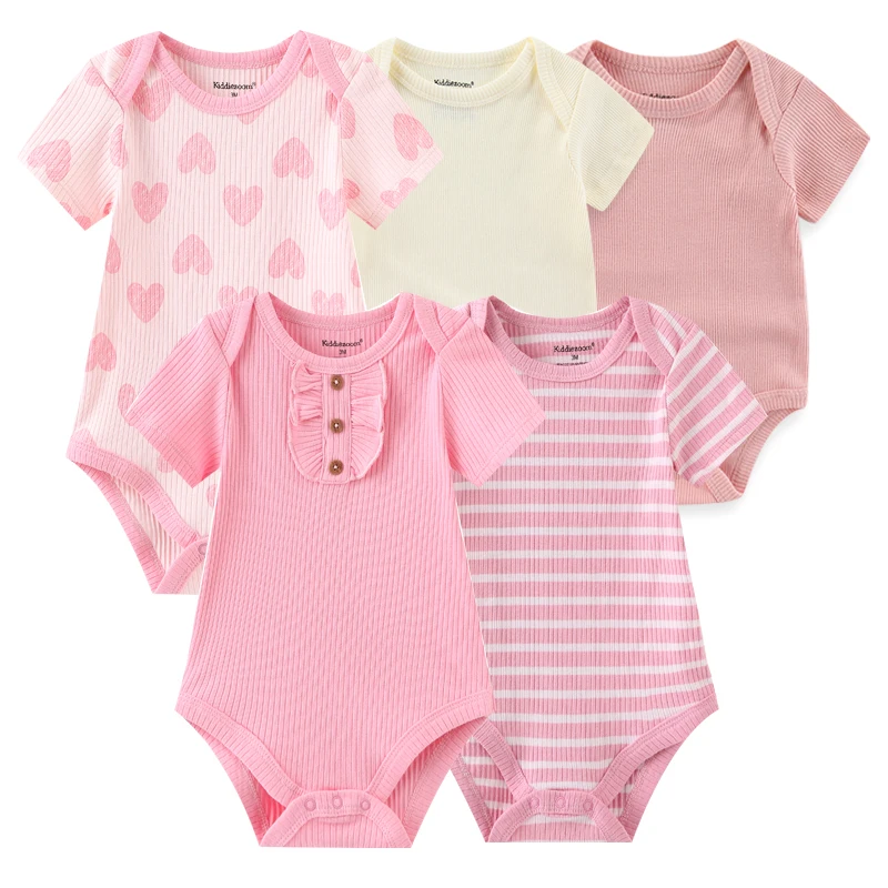 New Born Bodysuits Unisex 5Pieces Baby Girl Clothes Solid Color Cotton Baby Boy Clothes Set Cartoon Print Summer Bebes 3