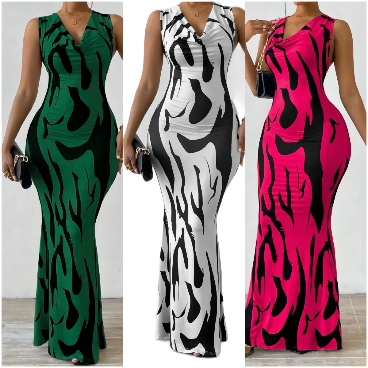 Women Print Dress Sleeveless Splice Slim Fit Long Dresses Midi Waist ...