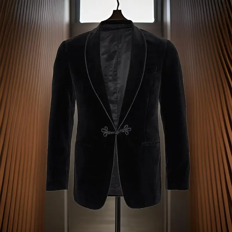 Men Suits Jackets Velvet Smoking Jacket Shawl Lapel Loose Vintage Wedding Groom Blazer Dinner Party Prom Male Suit Coat Single 1 Jacket