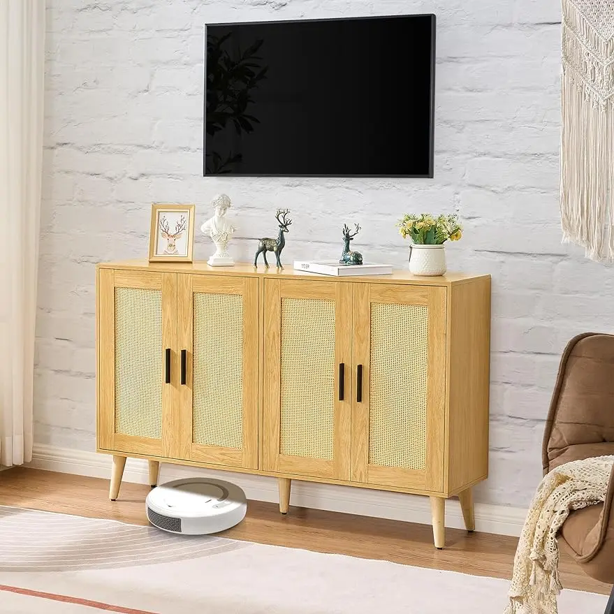 

Rattan Sideboard Buffet Cabinet with Double Doors and Adjustable Shelves, Boho Floor Storage Cabinet, Accent Cabinet, Natural