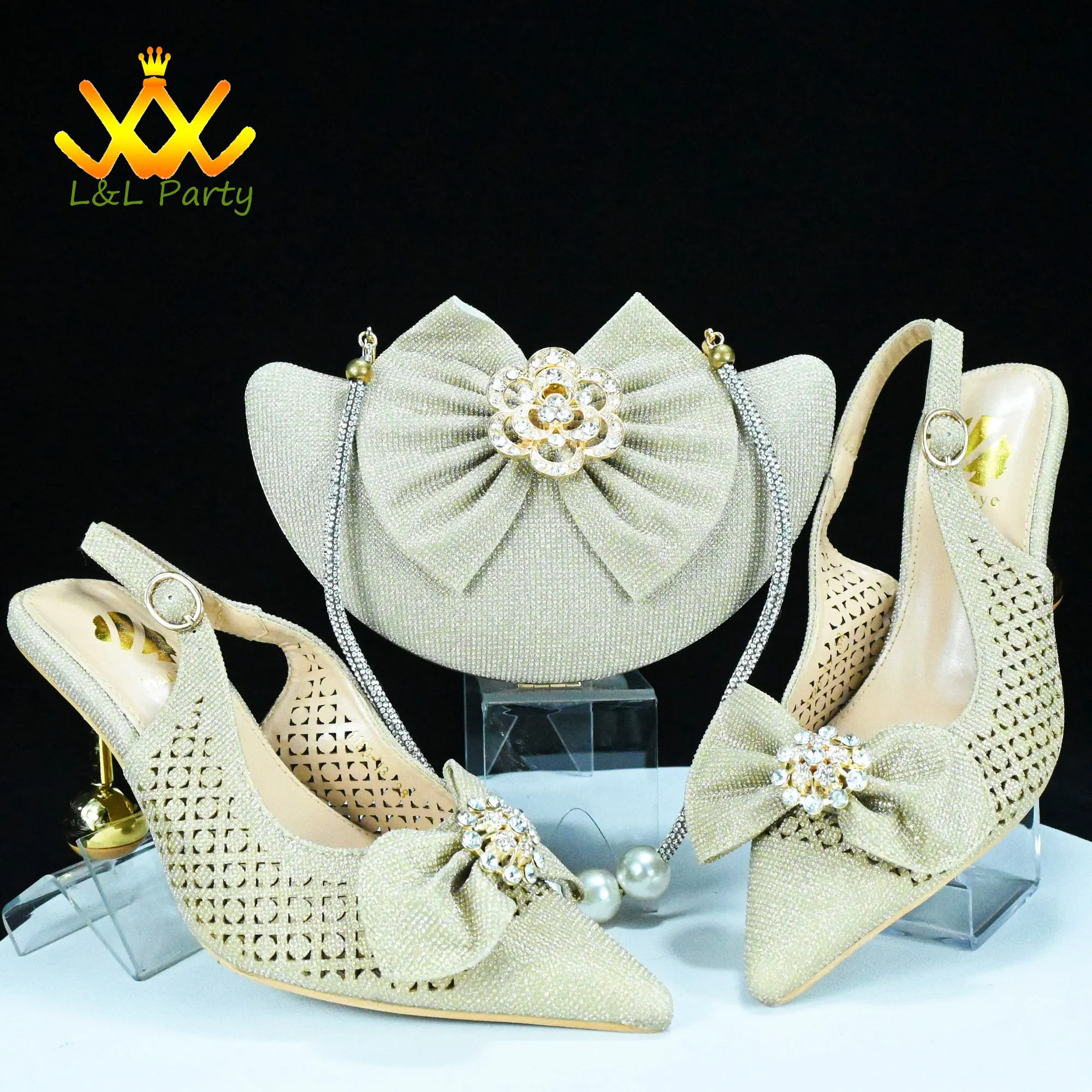 

2024 Super High Heels New Arrivals Italian Women Shoes and Bag Set in Gold Color Pointed Toe with Appliques For Dress