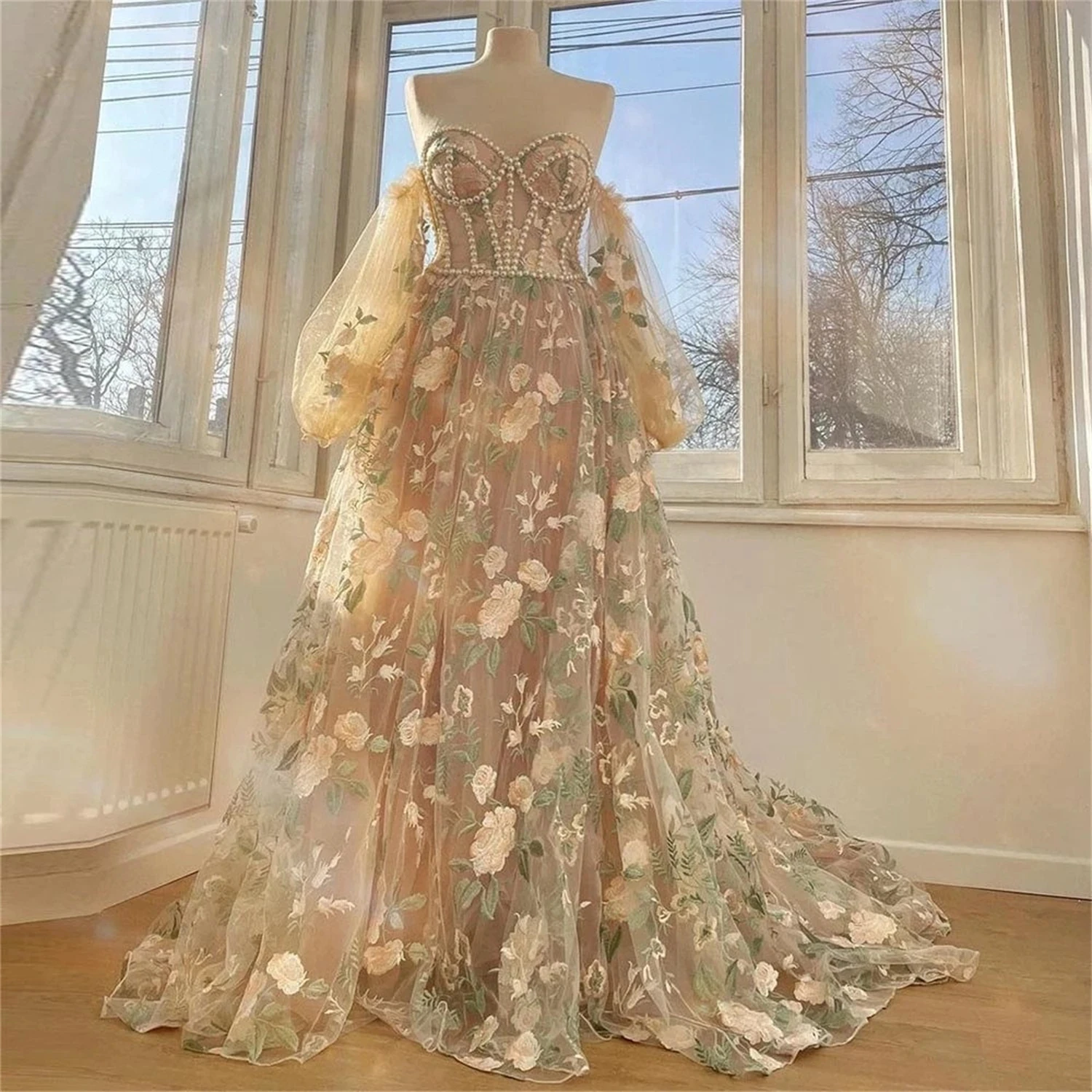 

Glamorous Prom Dresses For Women 2024 Sweetheart Evening Gowns Flower Print A-Line Robes Off The Shoulder Vestidos De Gala 2023