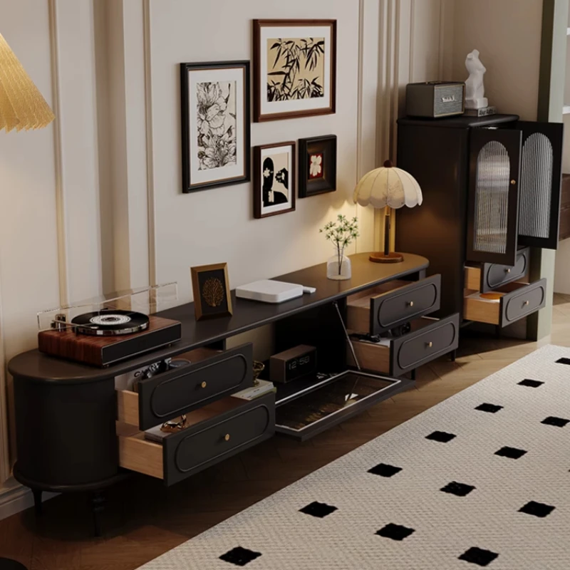 French Retro Solid Wood TV Stand With Coffee Table Smoke Black Finish For Small Spaces Wall Mounted Living Room Furniture Set