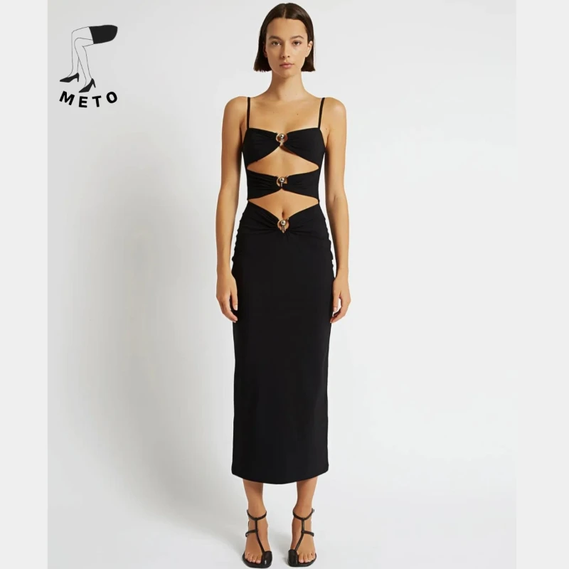 

Summer New Top Quality Women Solid Hollow Out Bodycon Bandage Midi Dresses Sling Sexy Knitted Elegant Party Evening Long Dress