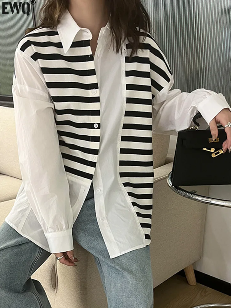 

Женская свободная рубашка-Блуза [EWQ], белая Повседневная рубашка-Блуза в полоску с имитацией двух частей, в Корейском стиле, свободного покроя, модель 16U7727 на весну и осень, 2024