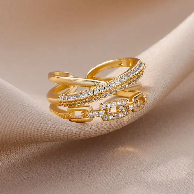 Bagues ajourées en chaîne pour femmes, couleur or, acier inoxydable, Zircon, croix ouverte, tendance, bijoux esthétiques de mariage, cadeau
