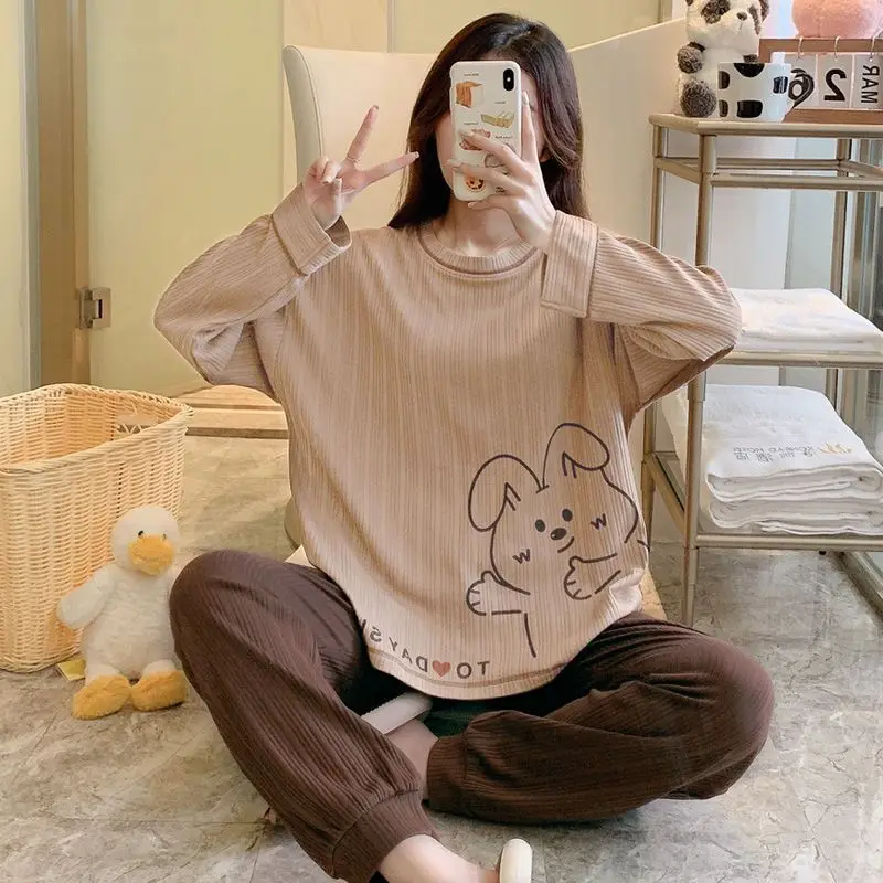 SUO&CHAO Spring Autumn Cartoon Cute Print Pajamas Set For Women Casual Loose Pyjamas Pijamas Nightgown Sleepwear Homewear