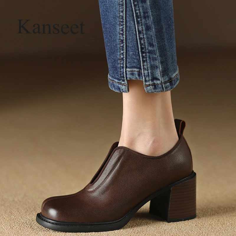 

Kanseet Vintage Shoes For Women 2024 Spring Round Toe High Quality Real Leather Pumps Handmade Brown High Heel Lady Footwear 40