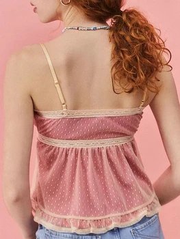 Women's Sweet Cami Tops Mini Bowknot Front Spaghetti Strap Lace Trim Vest Show Navel Cropped Camisole 2