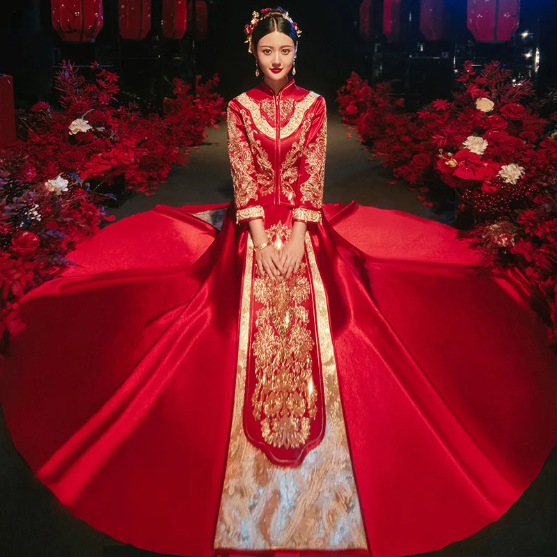 

FZSLCYIYI Beaded Embroidery Sequins Chinese Bride Bridegroom Wedding Dress Cheongsam Elegant Marriage Qipao Suit