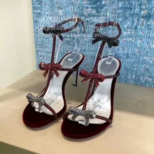 

Ladies Pink Rhinestone Bow High Heel Sandals Sexy Slingback Sandals Wine Stilettos Red Everyday Sandals Footwear Large Size 40