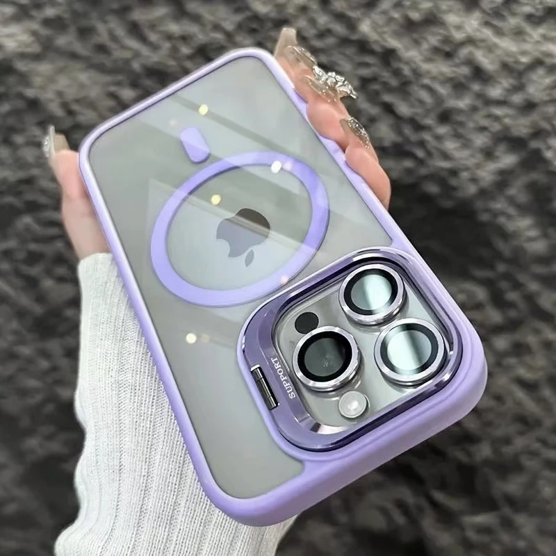 Premium Transparent Magnetic Wireless Charging Case with Metal Stand and Glass Lens Protection