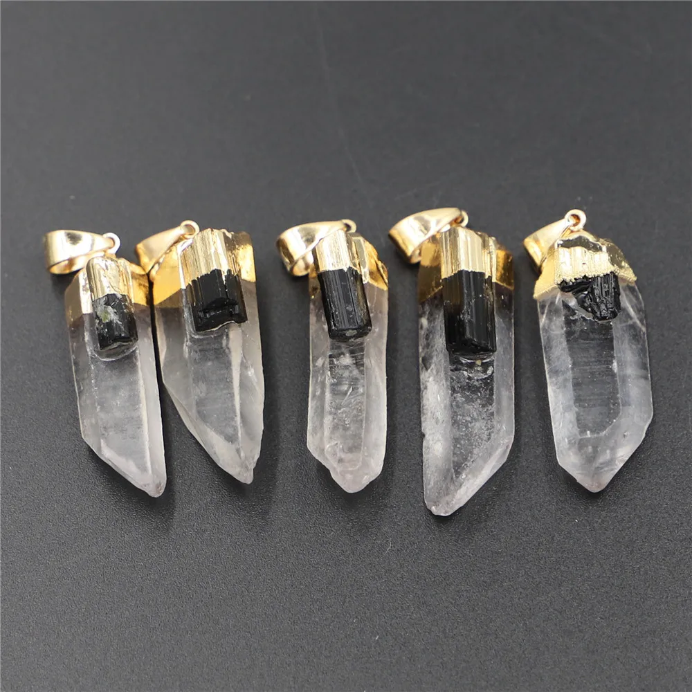 

Wholesale Natural Gems Chakra Stone Clear Crystal Pillar Black Tourmaline Column Reiki Pendant Nickles for Women Jewelry Making