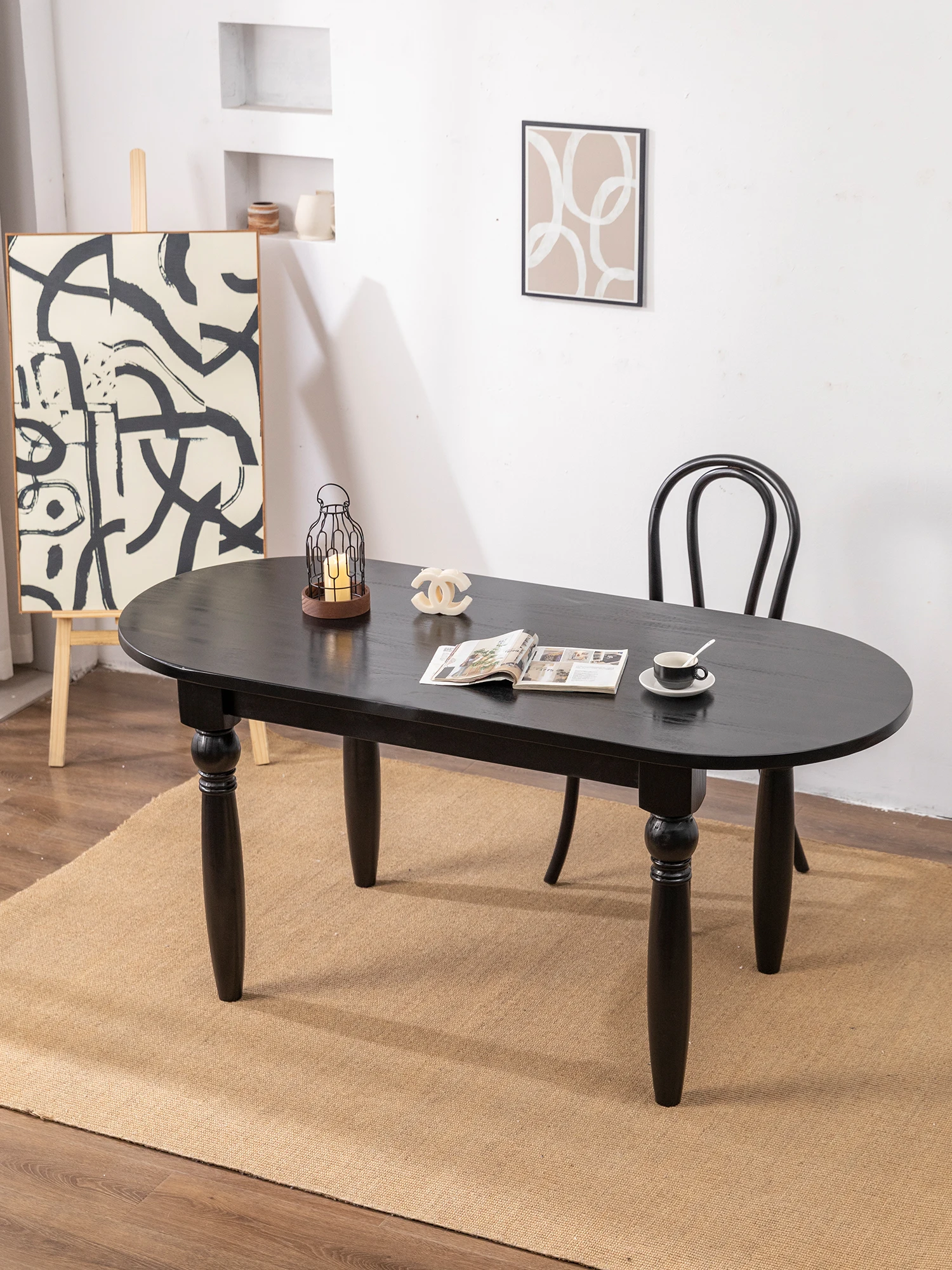 

Классический французский винтажный Овальный Обеденный Стол, черный полностью из массива дерева, обеденный стол в современном простом американском стиле для маленькой квартиры