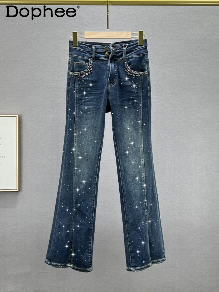 Split Jeans Women's Trousers 2023 Spring and Autumn New Elastic High Waist Exquisite Rhinestone Bootcut Trousers Female