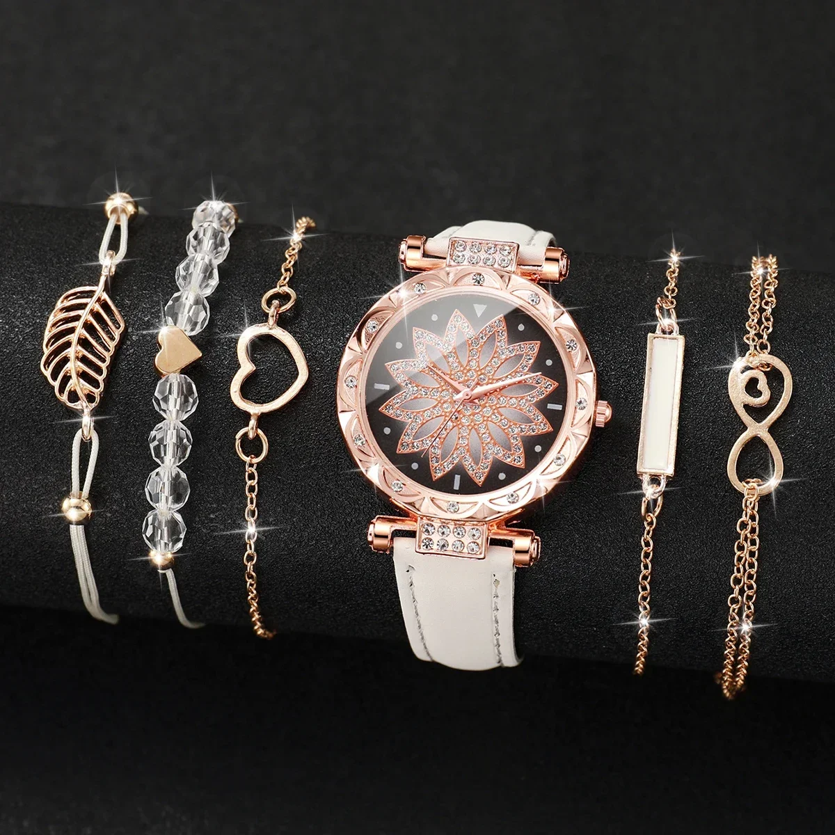 6PCS/Set Women's Watch Fashion Rhinestone Flower Dial Quartz Watches Bracelets Set（Without Box）