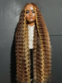 34 Inch Highlight Deep Wave Lace Front Wigs Human Hair 250% Density Deep Curly Human Hair Wig Pre Plucked P4/27 Ombre Lace Frontal Wigs With Baby Hair For Women 1