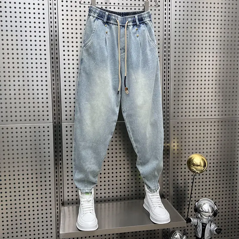 Vintage Distressed Washed Blue Jeans Men Casual Loose Harem Jogger Pants Carrot Tapered Leg Spring Autumn Retro Fashion Brand 1