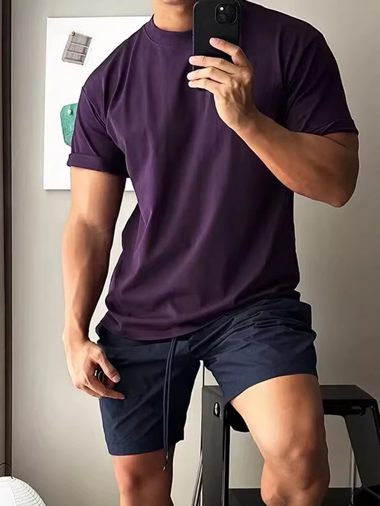 Heavyweight Pure Cotton Men's T-irt Summer Small Collar ort Sve Cleanfit oulder American Sle f Sve Ume Purple