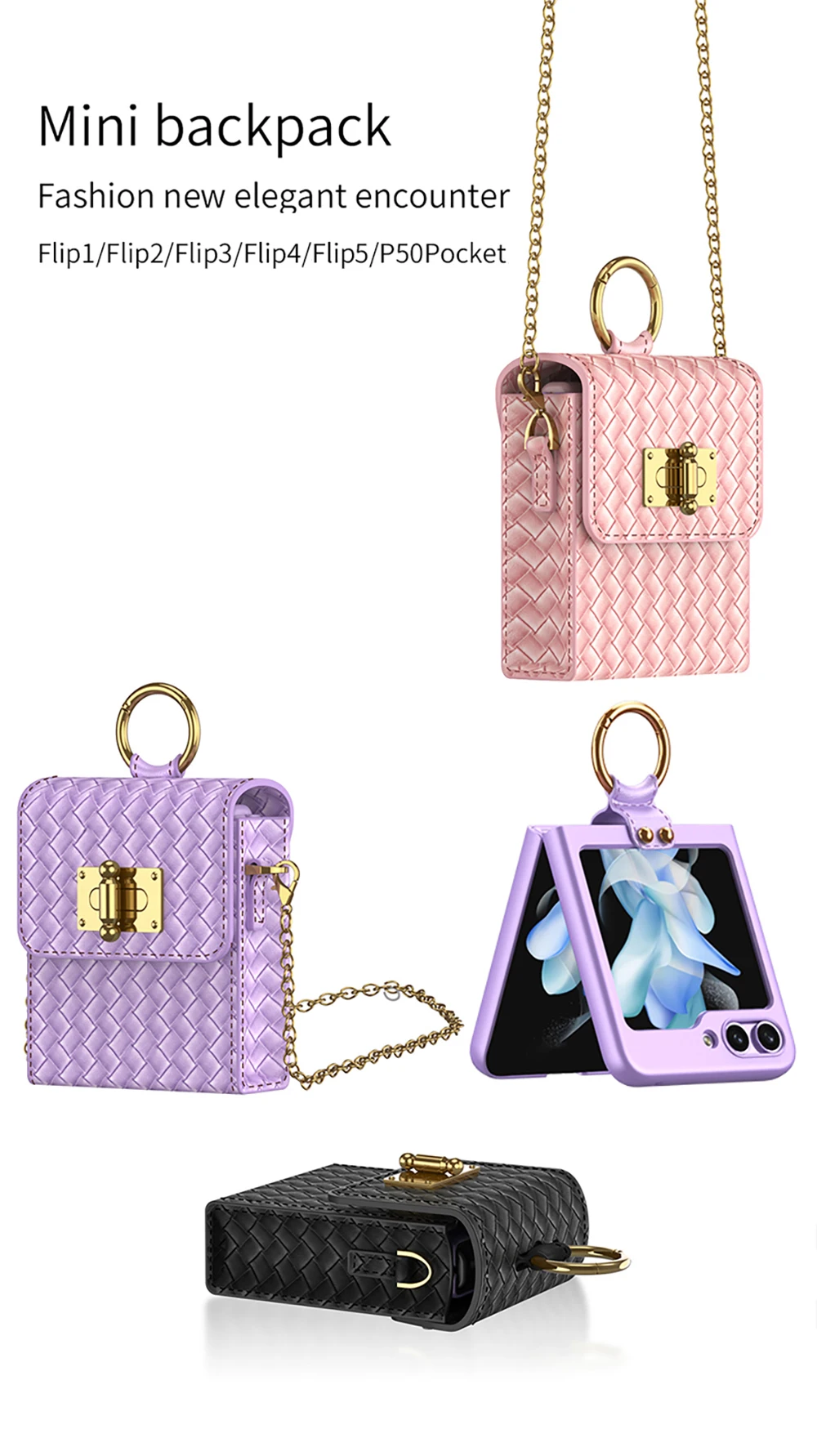 Mini tracolla per Samsung Galaxy Z Flip 3 4 5G Borsa per telefono con cordino a catena in pelle semplice con anello ultra sottile_voghion.com