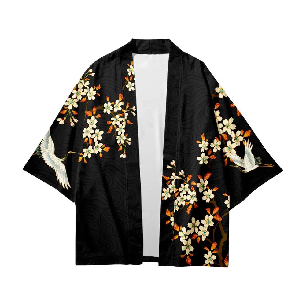 

Printed Men Top Japanese Style Men's Bird Print Kimono Cardigan Traditional Loose-fit Mid-length Daily Top Coat Men Loose Fit