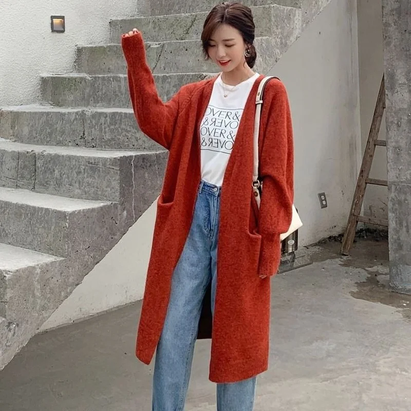 

Cardigans Women Autumn Long-style Solid Knee-length Loose Female Outwears Open Stitch Korean-style Simple All-match Preppy Retro
