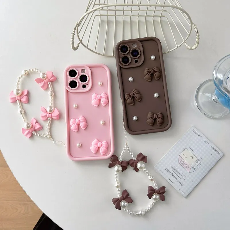 Elegant Bow Tie Pearl Chain Rope Phone Case - Stylish Silicon Rope Cover with Pearl Chain Design