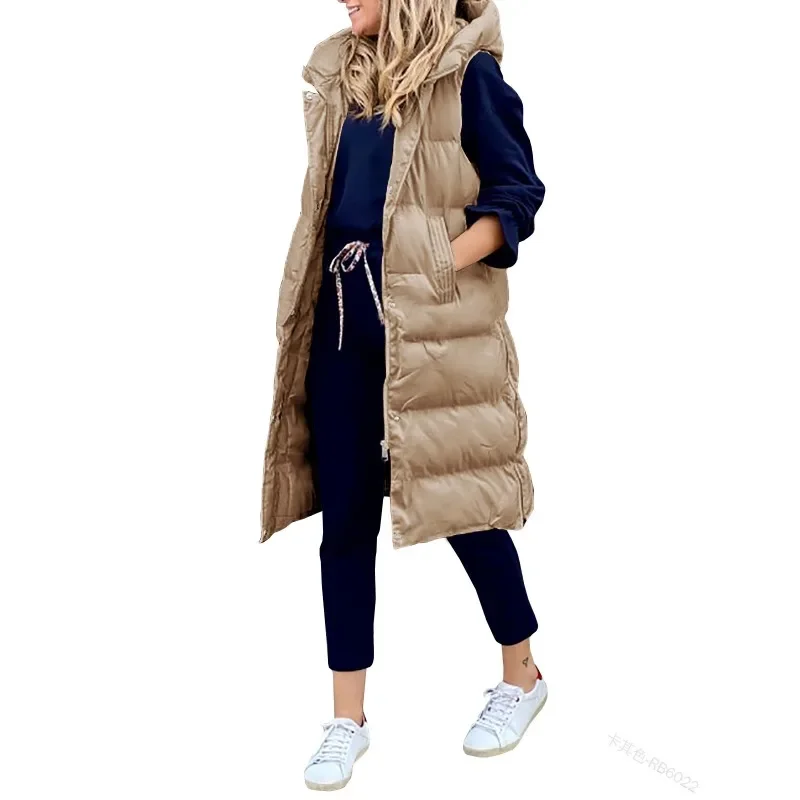 Solid Color Hooded Long Cotton Jacket Vest Casual Fashion Single Breasted Pocket Jacket for Women