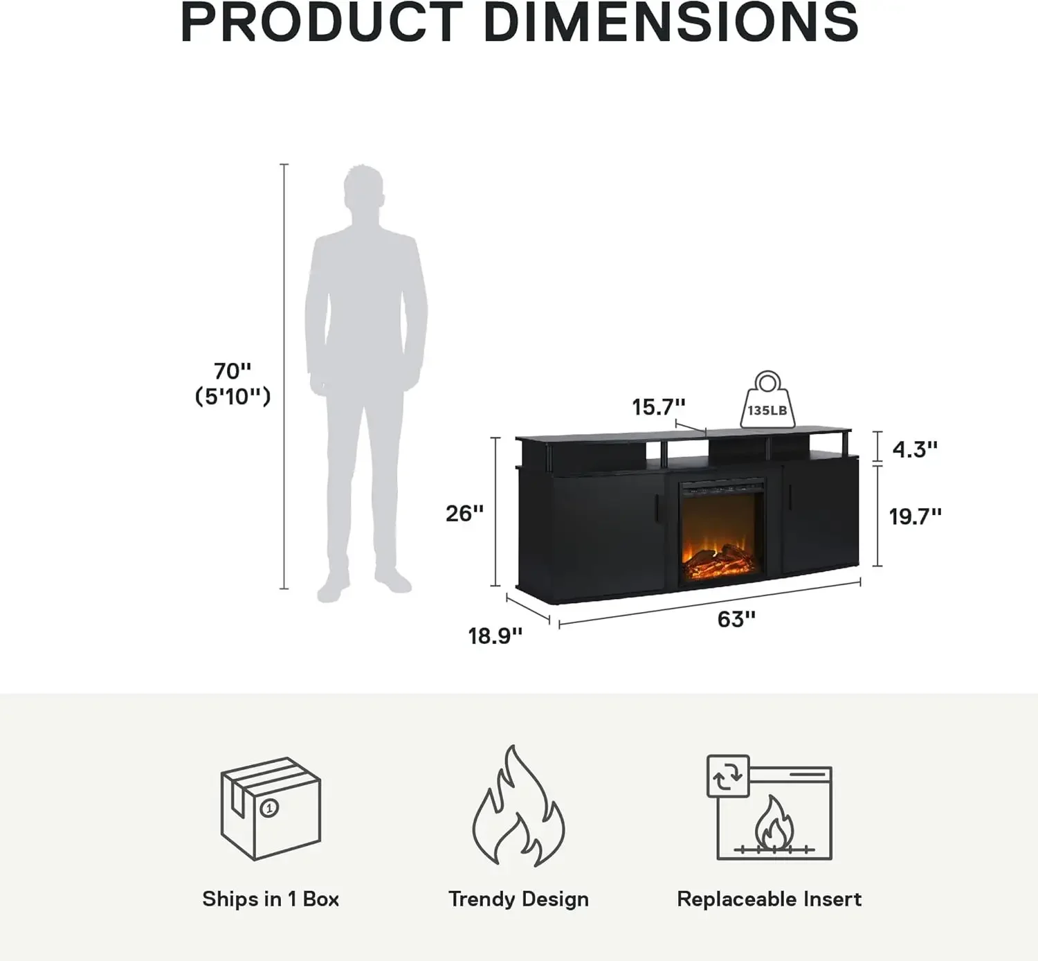 Fireplace TV Stand for TVs up to 70 Inch, Replaceable Electric Fireplace Insert Heater, Realistic Log and Flame Effect 4