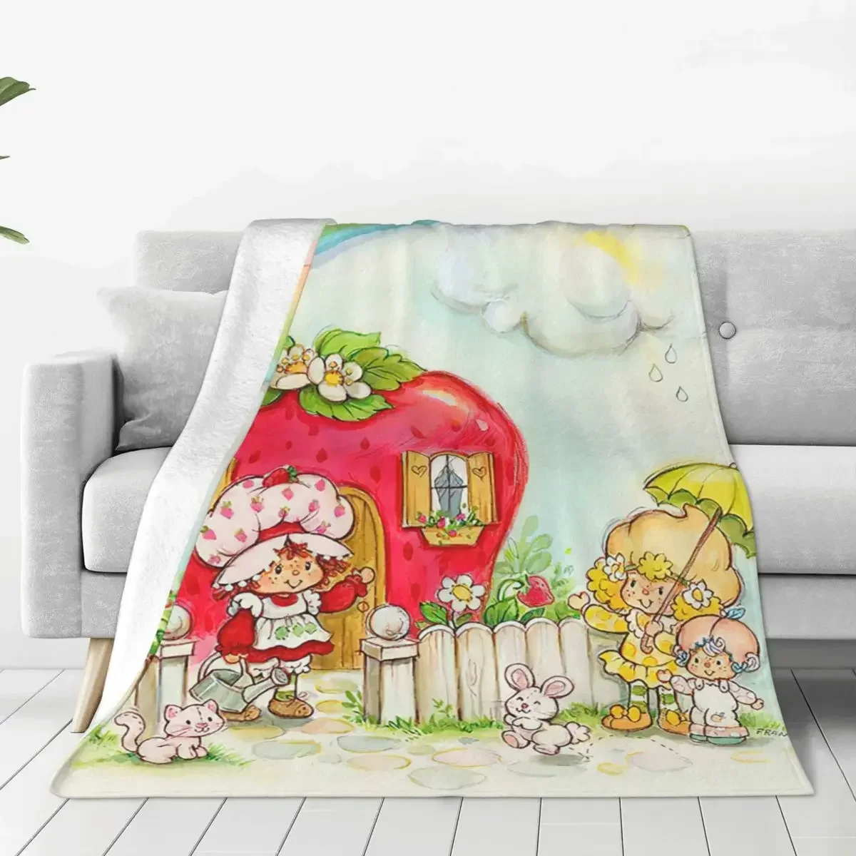 

Strawberry Shortcake Rainbow Blanket Cute Cartoon Flannel Throw Blanket Bedding Couch Personalised Soft Warm Bedsprea 1