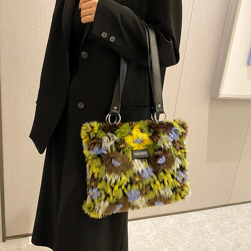 

Модная красочная плюшевая сумка, Женская винтажная контрастная Сумка-тоут из искусственного меха, Женская Высококачественная вместительная сумка через плечо для покупок