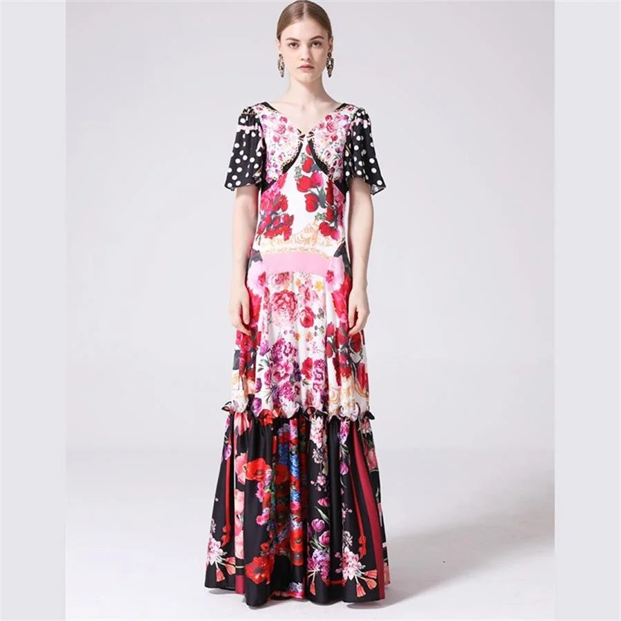 

New Women Maxi Long Dress High Quality Summer Runway V-Neck Short Sleeve Printed Long Dress Casual Beach Dresses For Ladies