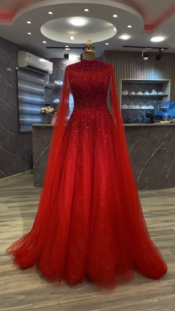 FATAPAESE Arabic Sparking Stone Gems Embellishments that Adorn Red Dress Long Sleeves For Formal Occasion