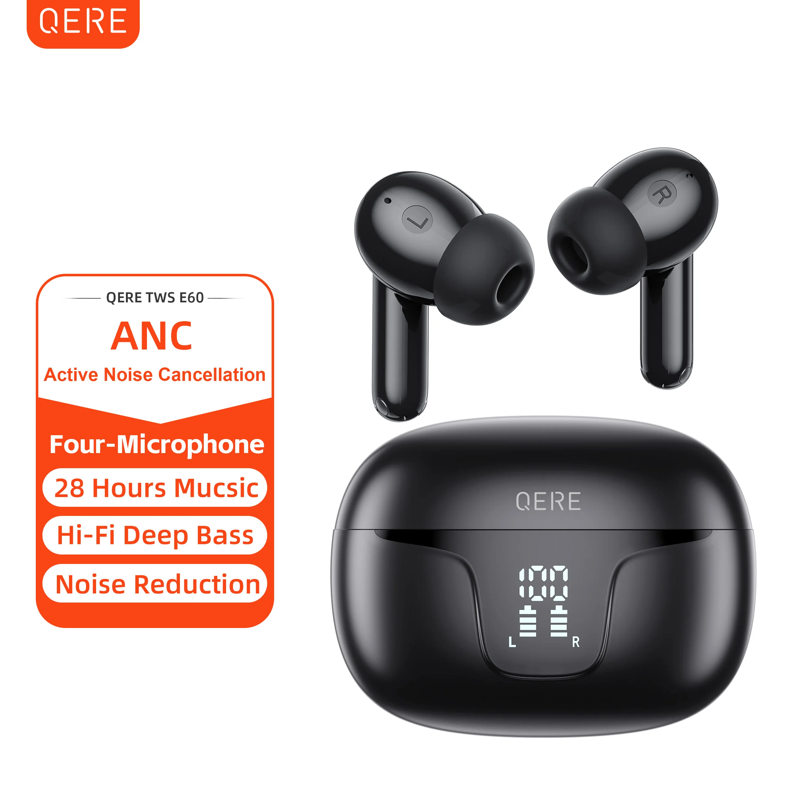 

QERE E60 Fones De Ouvido Sem Fio, TWS Bluetooth 5.3, Microfone HD, Fones De Ouvido HIFI, 13mm Driver,60ms Baixa Latência, 4 Micr