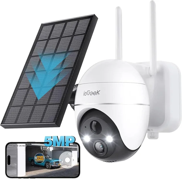 ieGeek Caméra de surveillance WiFi extérieure sans fil 5MP, caméra solaire, caméra 360 degrés, détection PIR humaine, vision nocturne couleur 1