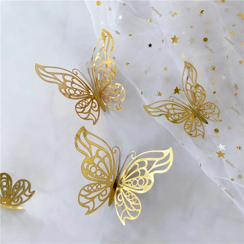 12Pcs/Set 3D Hollow Butterfly Wall Sticker Gold Silver Rose Wedding Decoration Living Room Home Decor Butterflies Decal Stickers 1