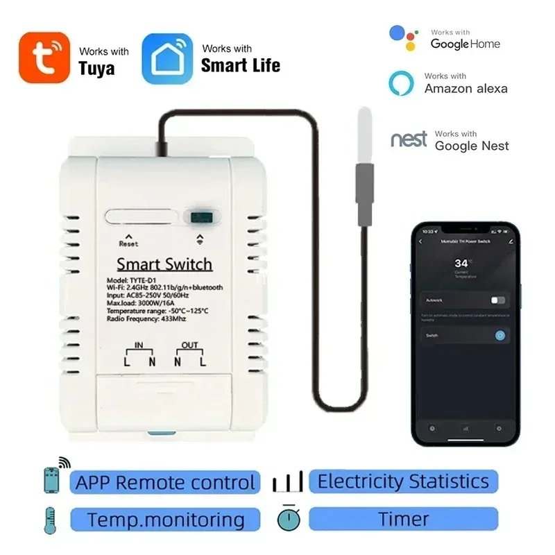 Tuya สวิตช์อุณหภูมิอัจฉริยะ 16A 3000W พร้อมการตรวจสอบการใช้พลังงานเทอร์โมอัจฉริยะเข้ากันได้กับ Alexa Google 1
