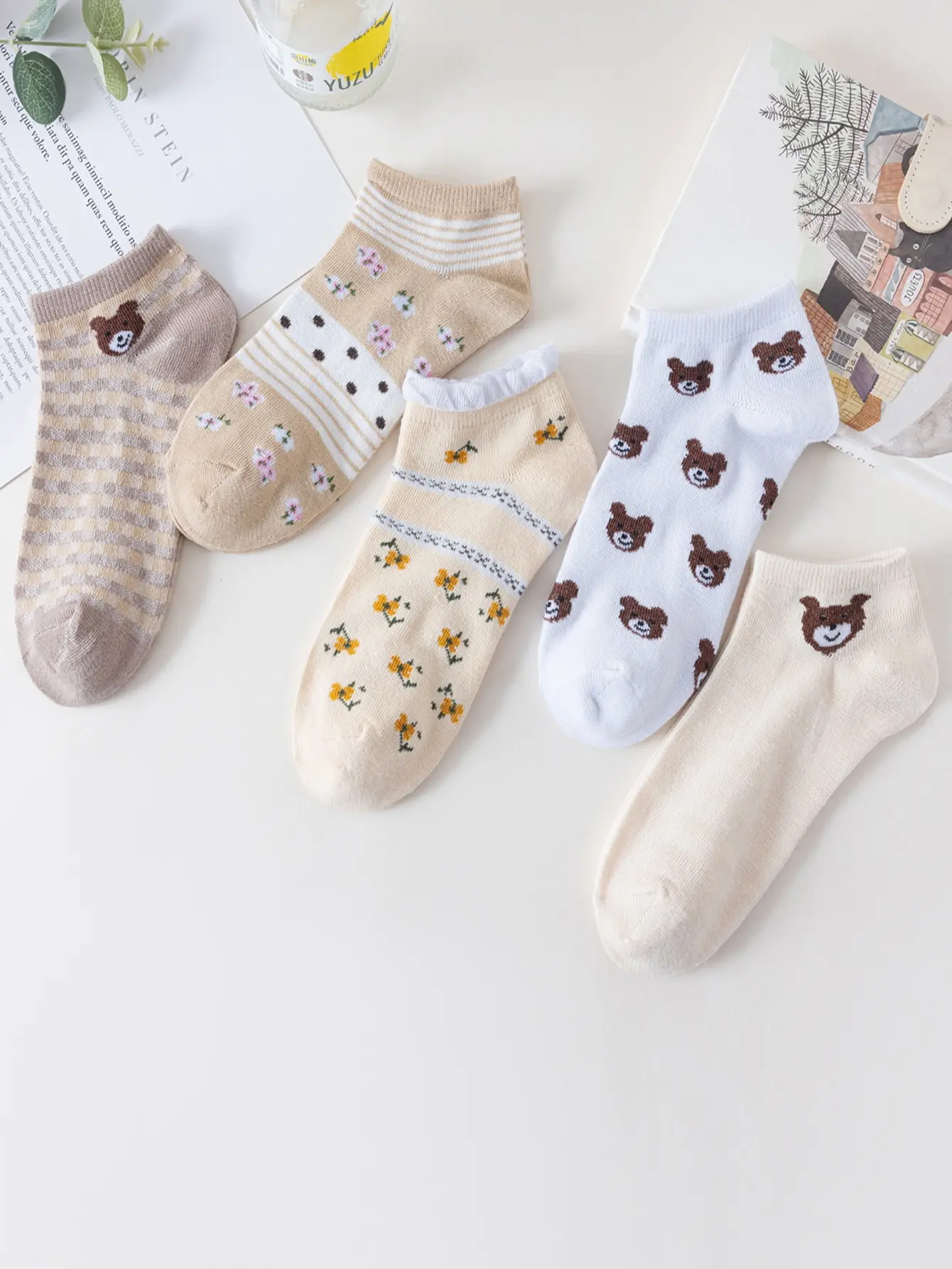 5 Pairs Women Low Tube Socks Set Cute Bear Pattern Fashion Breathable For Female Casual Style Comfortable Socks cute bear socks,patterned socks,fashion socks,womens socks,women socks,women cartoon socks,printed socks,cute women socks
